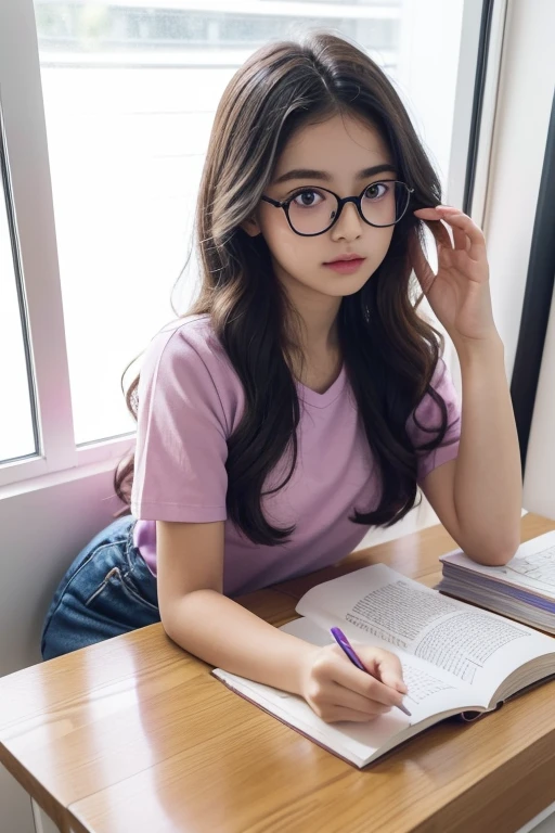 A cute -yeld giblack big eyes，Wearing gold-rimmed glasses，Long hair micro-curls，Wear a pink and purple top，Reading and studying on desktop，Behind it  a glass window that lets in sunlight，Furniture  IKEA style， and plain，with a pure white background