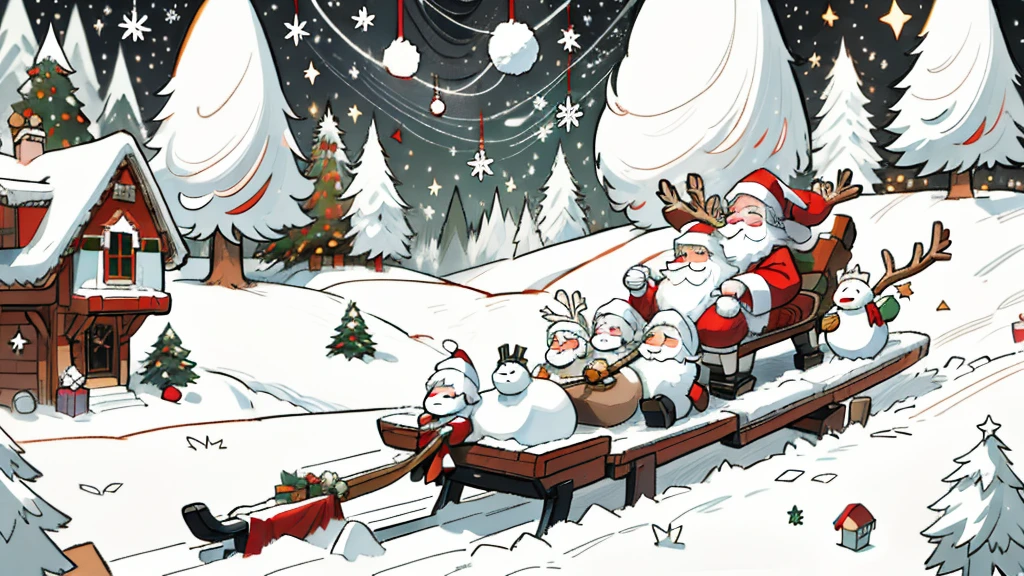 ​masterpiece、(santa claus solo:1.2)、Fly through the night sky on a wooden sleigh pulled by reindeer、A smile、Chibi Chara、monochromes、line-drawing、snowscape、A delightful、Christmas atmosphere、idyllic、Cute