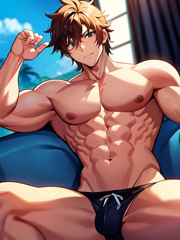 Muscular and sexy man flexing naked looking at camera 2D anime illustration