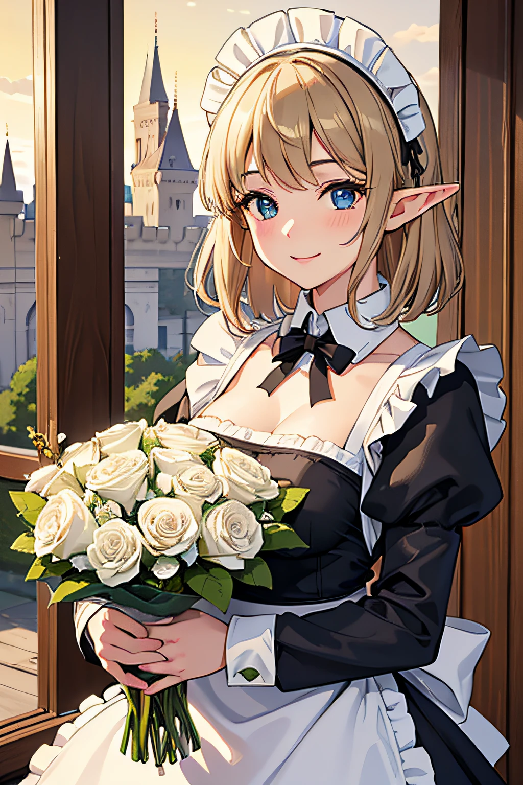 Delicate hands, Beautiful eyes, Holding a large bouquet of flowers, Super masterpiece, absurderes, (1 girl, elf: 1.2), Cute Girl, medium breasts, (Beautiful hair: 1.2), Medium Hair, Smiling, great joy, Cheerful, (maid: 1.3), Long sleeves, Black sleeves, Maid headdress, maid apronl, (castle: 1.2), Upper body