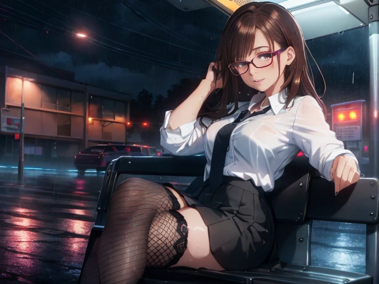 Office at night with neon lights, Late-night overtime, Sharp woman with glasses, Brown hair and eyes, Black fishnet tights, Long skirt with side slits, Frontage, C Cup, Black lace bra, White shirt wet, Sitting at bus stop, Rainy day, bokeh, Sexy pose
