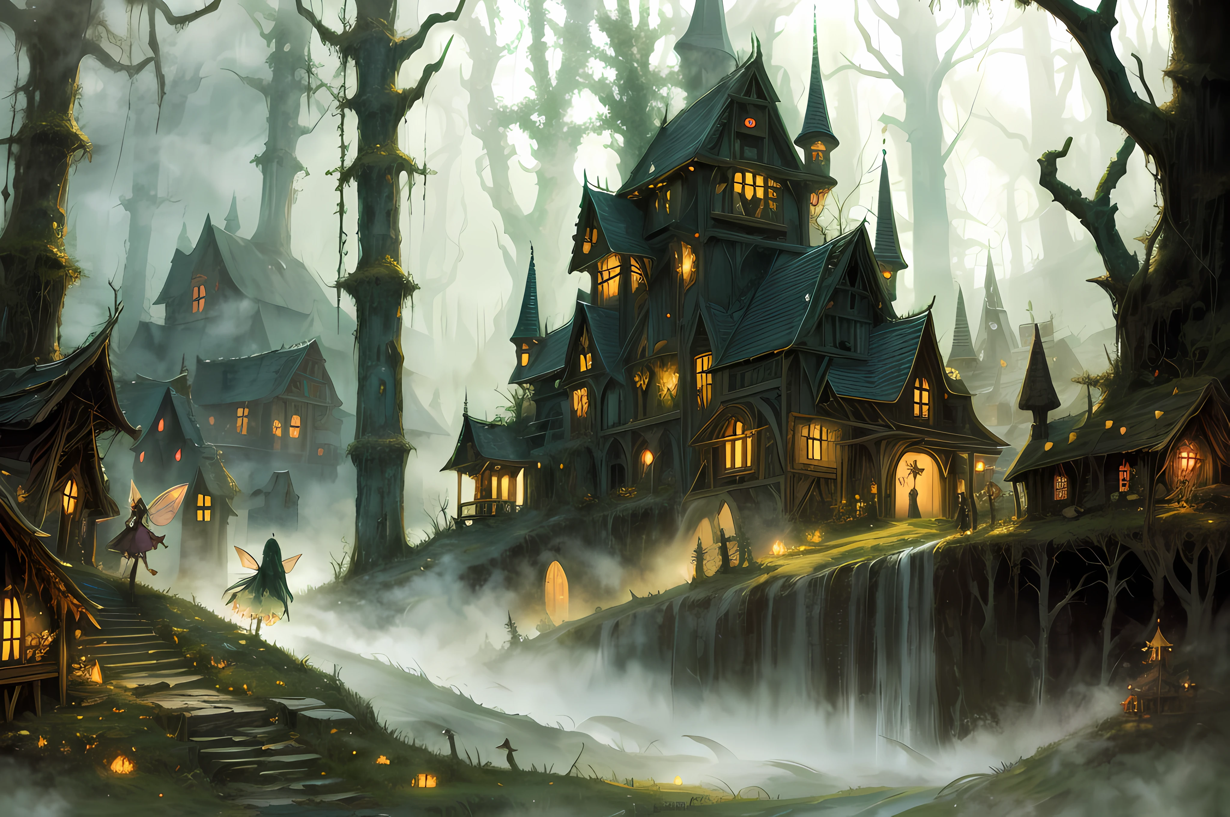 (masterpiece), super detail, best quality, ultra high res, highres, 8k, (photorealistic), fairy village, undead fairy, undead, fairy, forest, undead forest, fairies, village