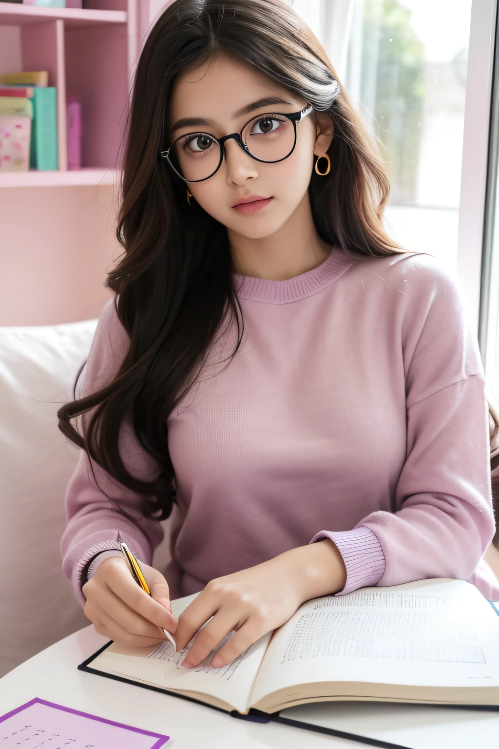 A lovely  girl，large black eyes，Wearing gold wire glasses，Long hair micro-curls，Wear pink and purple tops，Read and learn on your desktop，There  a glass window at the back，Let the sun shine in，furniture ikea style， and plain，with a pure white background