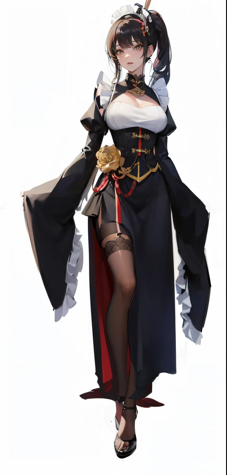 (tmasterpiece, A high resolution,ultra - detailed:1.0),1 girl,Young and beautiful women,Perfect female body，Complicated details, the only person, (cabelos preto e longos,the maid outfit,Happy expression),dramatic shadow, ray traycing, Best quality, 电影灯光,offcial art,The stands up,Full body like,,(((Detailed role list)))，Black cheongsam hem，Chinese style clothing，longer sleeves.