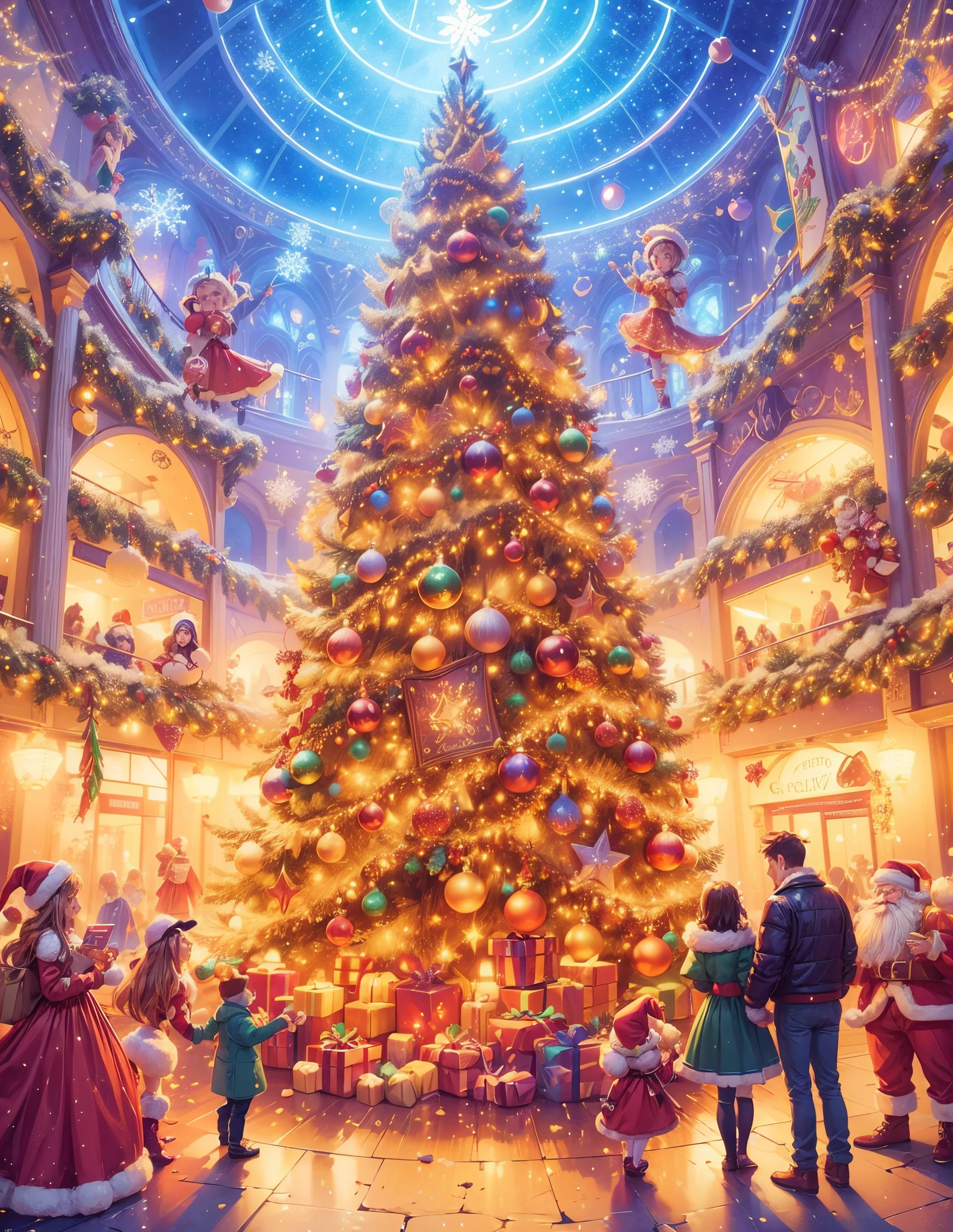 (((Vector illustration style)))，Vibrant colors, magical ambiance, Whimsical, Sparkling, Fantasy Christmas World,vibrant with colors, vivd colour, Magical atmosphere, Whimsical, Sparkling，Fantasy Christmas World，Inside the Christmas mall，The huge Christmas tree  hung with lights、pompon、Christmas socks，Christmas pendants，Piles of gifts placed under the tree。A young couple and a child admire the Christmas decorations in the mall，Surrounded by performers in Santa Claus costumes and Santa Claus statues。The Christmas mall  like a fairy tale world，full of magic， (Ghibli-like colours, pov, first-person view, UHD, masterpiece, ccurate, anatomically correct, super detail, high details, high quality, award winning, best quality, 8k)