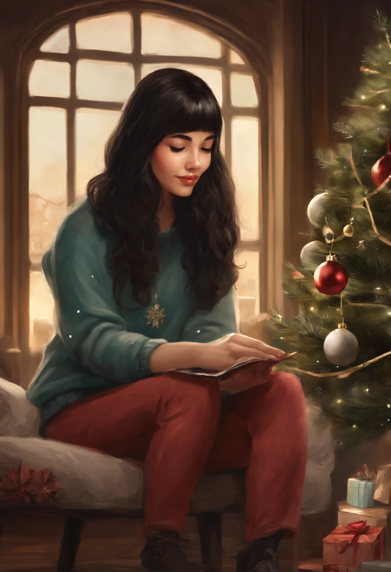 真实感, a painting, fairy tale fantasy style, Christmas style, John Tolkien style, Small painting by Jean-Baptiste Monge, Soft facial features, Rocker Girl, sitting in a chair with flowing straight black hair near the Christmas tree, Soft facial features, Wearing trousers,  Wearing a printed sweatshirt, With light makeup,  dark pink lips,  lip shape"pearlescent" ,"straight, slightly arched eyebrows, Cyan eyes, heavy-lidded eye shape, Human Hand, Very clear, Without flaws, five fingers, black long straight hair, In a short sweatshirt with a print, in black trousers,mischievous character, Christmas tree, Gifts, Jean-Baptiste Monge, anthropomorphic --ar 2:3 --testp -optimistic;