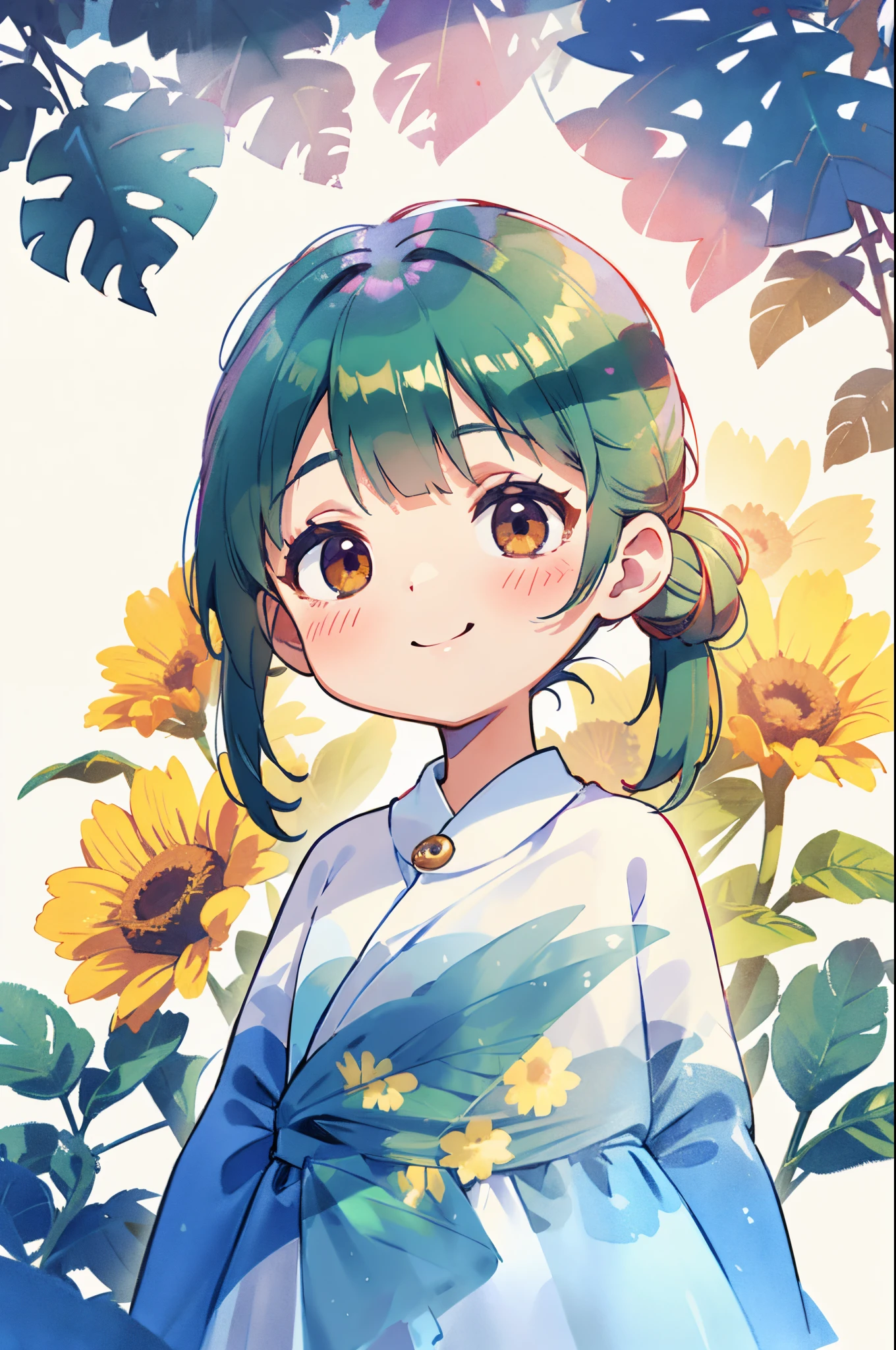 photoRealstic、Nendroids in wedding dress standing in front of the painting、A smile、kawaii pose、watercolor Nendoroid、(High Definition Figure)、Flowing iridescent silk、up of face、Eye Up、heart mark、Floral dress、There is also a flower in front of the petal below the Nendoroid........、season!!: 夏天☀ 🍂、((A wonderful painting with super multiple exposure where you can see the background through the clothes))