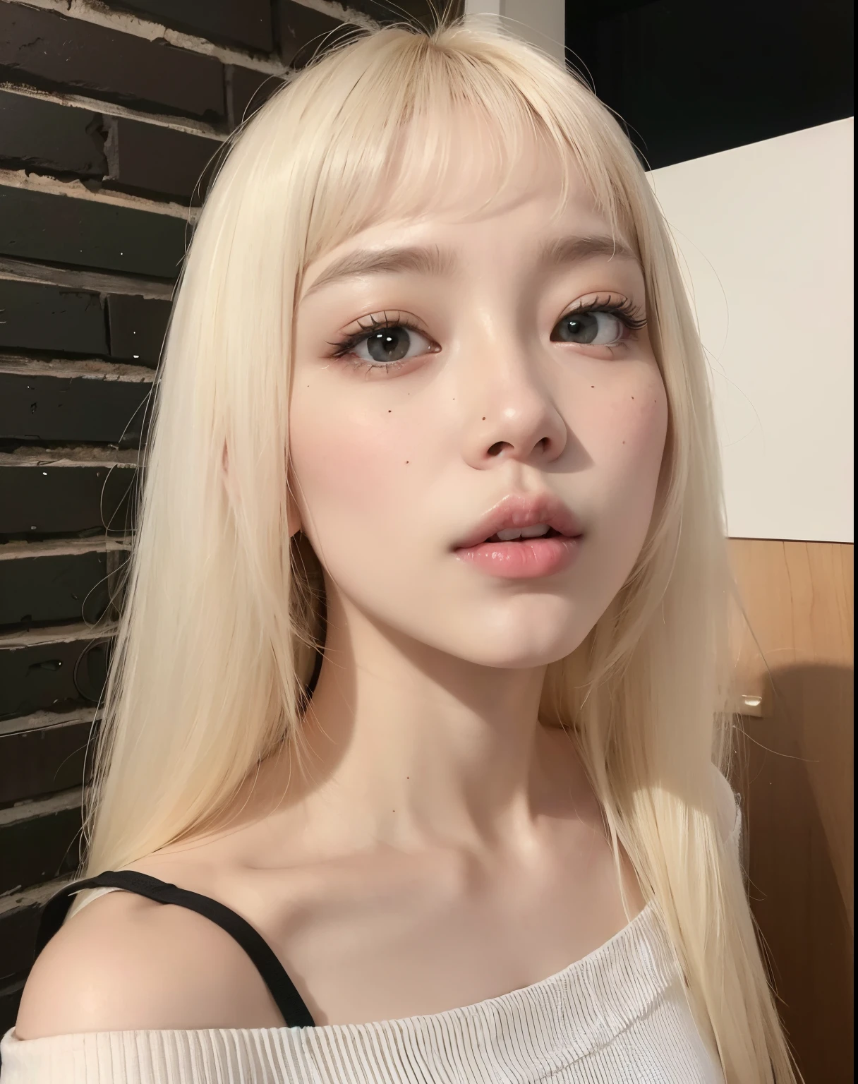 a close up of a woman with long blonde hair and a white top, white hime cut hairstyle, lalisa manobal, roseanne park of blackpink, sun yunjoo, lalisa manoban of blackpink, jossi of blackpink, pale round face, extremely pale blond hair, jaeyeon nam, portrait of jossi of blackpink, the hime cut