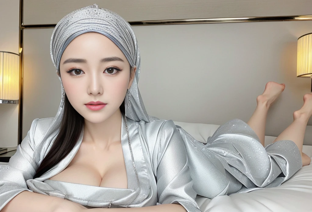 detailed, high quality, perfect face. fantasy style. korean nun girl with white color hair. long hair. clear smoky pupil, Peach blush on, her name is Kyu. Wear white nun cloak and lingerie with gold color combination. smooth breast. smooth tight, smooth foot, soft light 1,8. warm color. lay down at white bedroom, sexy pose. smooth thighs. detailed hand.