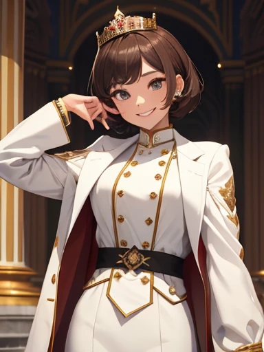 cute youngqueen brownhair,black eyes,palace,royalty,empress,elegant,relexed,summer,vavybob shorthair,whitesuit,(happy : 1.6),(Smile : 1.2)