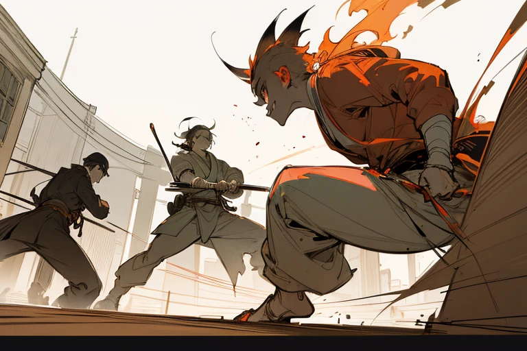 ((masterpiece)), ((high resolution)), ((super delicate)), Japanese painting, (rough sketch), (Line drawing drawing style illustration), ((facing the enemy)), (whole body), ((retreating figure)), (Side angle, diagonal angle, back angle), (Scenes of battle with monsters), (Outline warm color), (madness), ((Crazy smile)), psychopathic, Condescending eyes, Distant view, action pose, eerie, horror factor, (Distinctive hair style), (Creative accessories), (individualistic atmosphere), eerie worldview, Japanese style, Suspicious atmosphere, (Fantasy Town), (downtown), extra