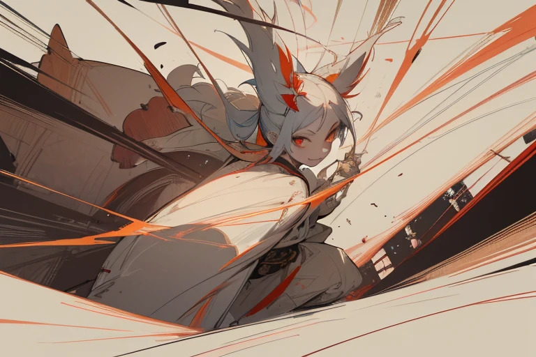 ((masterpiece)), ((high resolution)), ((super delicate)), Japanese painting, (rough sketch), (Line drawing drawing style illustration), ((facing the enemy)), (whole body), ((retreating figure)), (Side angle, diagonal angle, back angle), (Scenes of battle with monsters), (Outline warm color), (madness), ((Crazy smile)), psychopathic, Condescending eyes, Distant view, action pose, eerie, horror factor, (Distinctive hair style), (Creative accessories), (individualistic atmosphere), eerie worldview, Japanese style, Suspicious atmosphere, (Fantasy Town), (downtown), extra