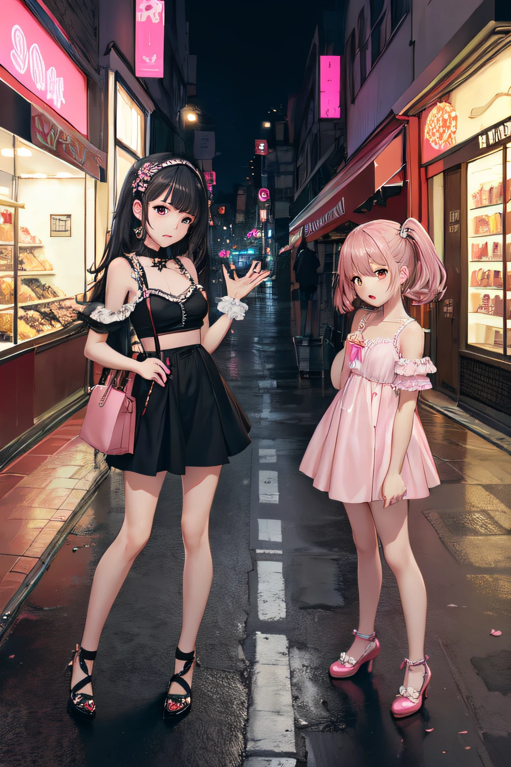 Two women in short dresses standing on a city street at night - SeaArt AI