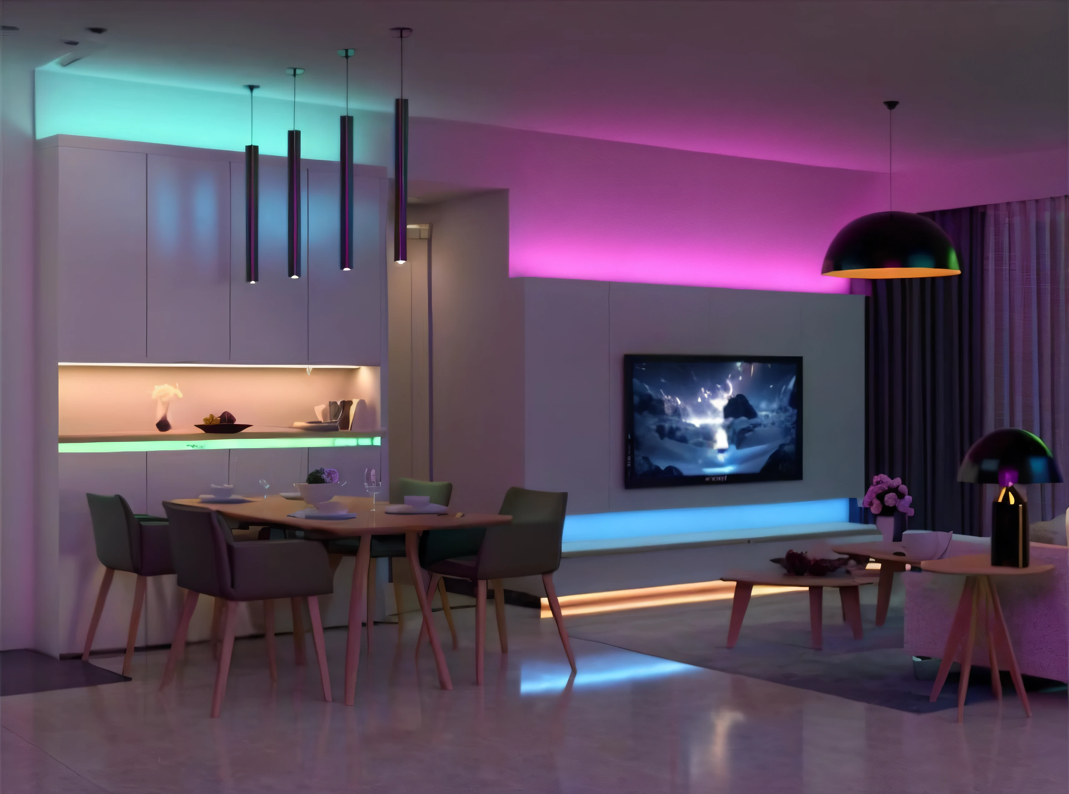 Bright living room,Equipped with TV and dining table, LED strip light, movie mood lighting, RGB lighting, RGB LED lights, Cinematic color lighting, cinematic accent lighting, neon ambient lighting, colored lighting, Colorful lights, ambientlighting, gentle ambient lighting, RGB lights, ambientlighting, Bright ambient lighting, Dramatic and colorful lighting, Colorful lights, Dramatic colored lights