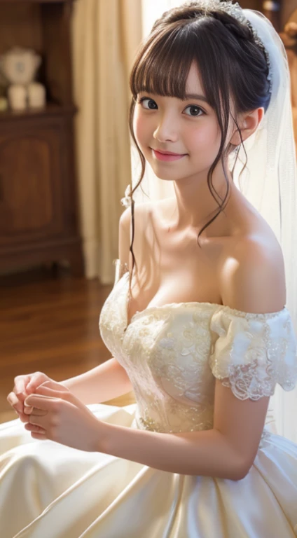 Young girl in wedding dress and updo, Off-the-shoulder neckline, and the long veil. her face  young and innocent, Looks like a child. She looks at the camera with a playful expression. Detailed artwork and vivid illustrations, photorealistic colors, Capture every detail. digital painting media, Best quality and high resolution guaranteed (4K 或 8K). Soft and romantic lighting, Creates a fantastic atmosphere. Overall tone warm and gentle..........., Highlight the joy and beauty of the wedding scene.FULL-BODY ESBIAN、Long loose skirt