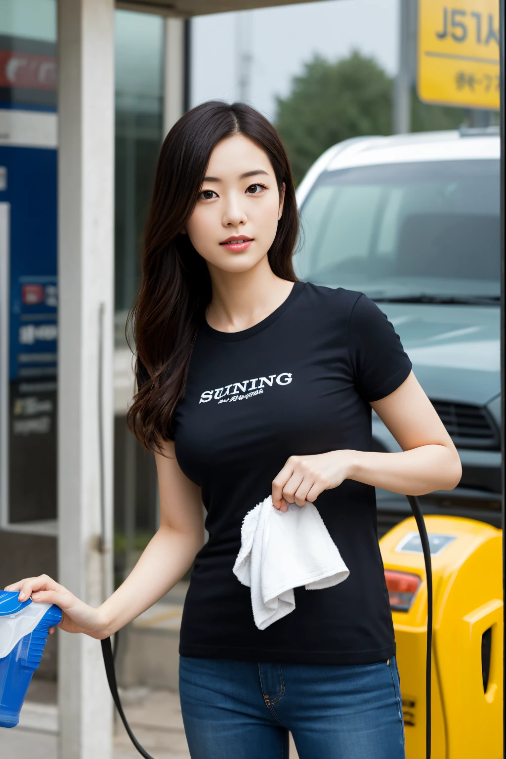 A world-class professional photographer uses SONY α7 III, A high-quality, detailed full-body shot of a beautiful Shibuya woman wearing a t-shirt cleaning a car window at a gas station, taken with the FE 16-35mm F4 ZA OSS.、soft natural lighting, best quality, You must take at least two photos.。Believe in your own growth and go beyond your limits to quickly take beautiful photos.。