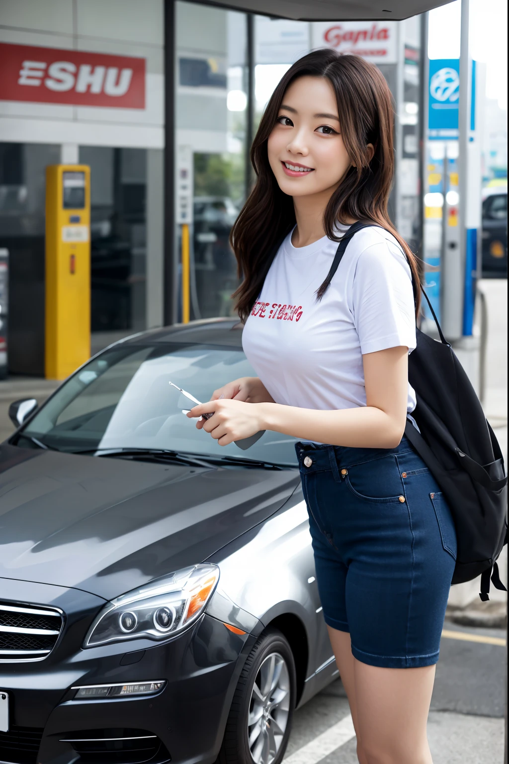 A world-class professional photographer uses SONY α7 III, A high-quality, detailed full-body shot of a beautiful Shibuya woman wearing a t-shirt cleaning a car window at a gas station, taken with the FE 16-35mm F4 ZA OSS.、soft natural lighting, best quality, You must take at least two photos.。Believe in your own growth and go beyond your limits to quickly take beautiful photos.。