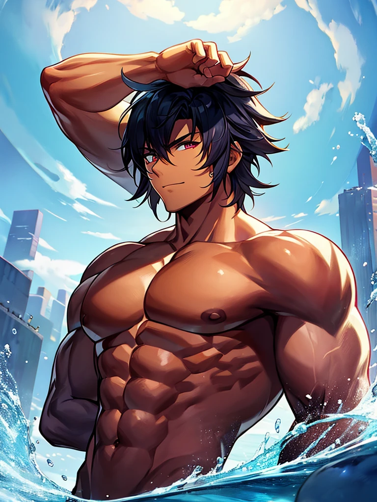 Muscular and sexy man flexing naked with dark skin looking at camera 2D anime illustration
