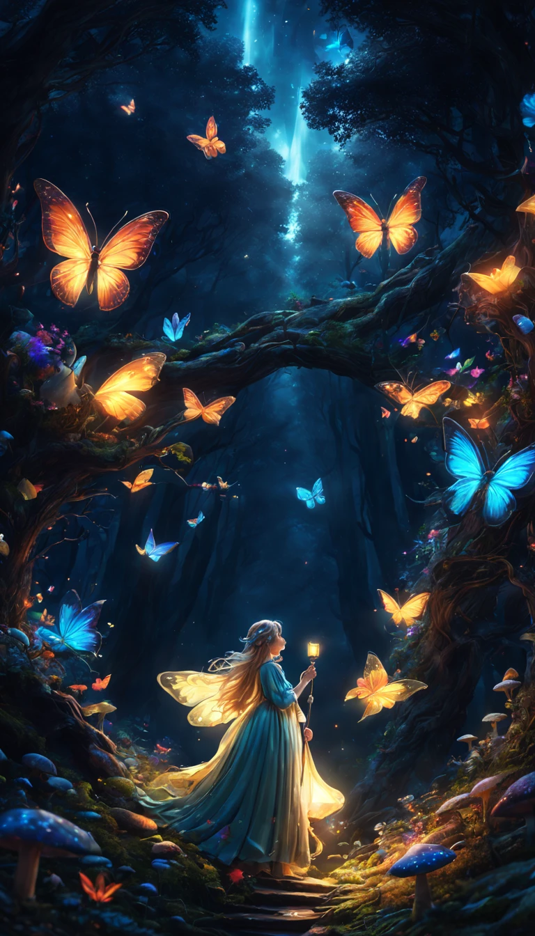 (Fairy Forest)、Atmospheric Oliva Lighting、kirakira,4K UHD、Great composition with great detail and vibrant colors、rendering octane、foco nítido、high-resolutionisometric,(Magic Light Effects,(swarm of shining butterflies),Luminous mushrooms,Magic Lamp,Huge ,A figure of a traveler wearing a black robe,forest at night,Medieval European style,strange shaped tree々,​masterpiece,Angel Ladder,