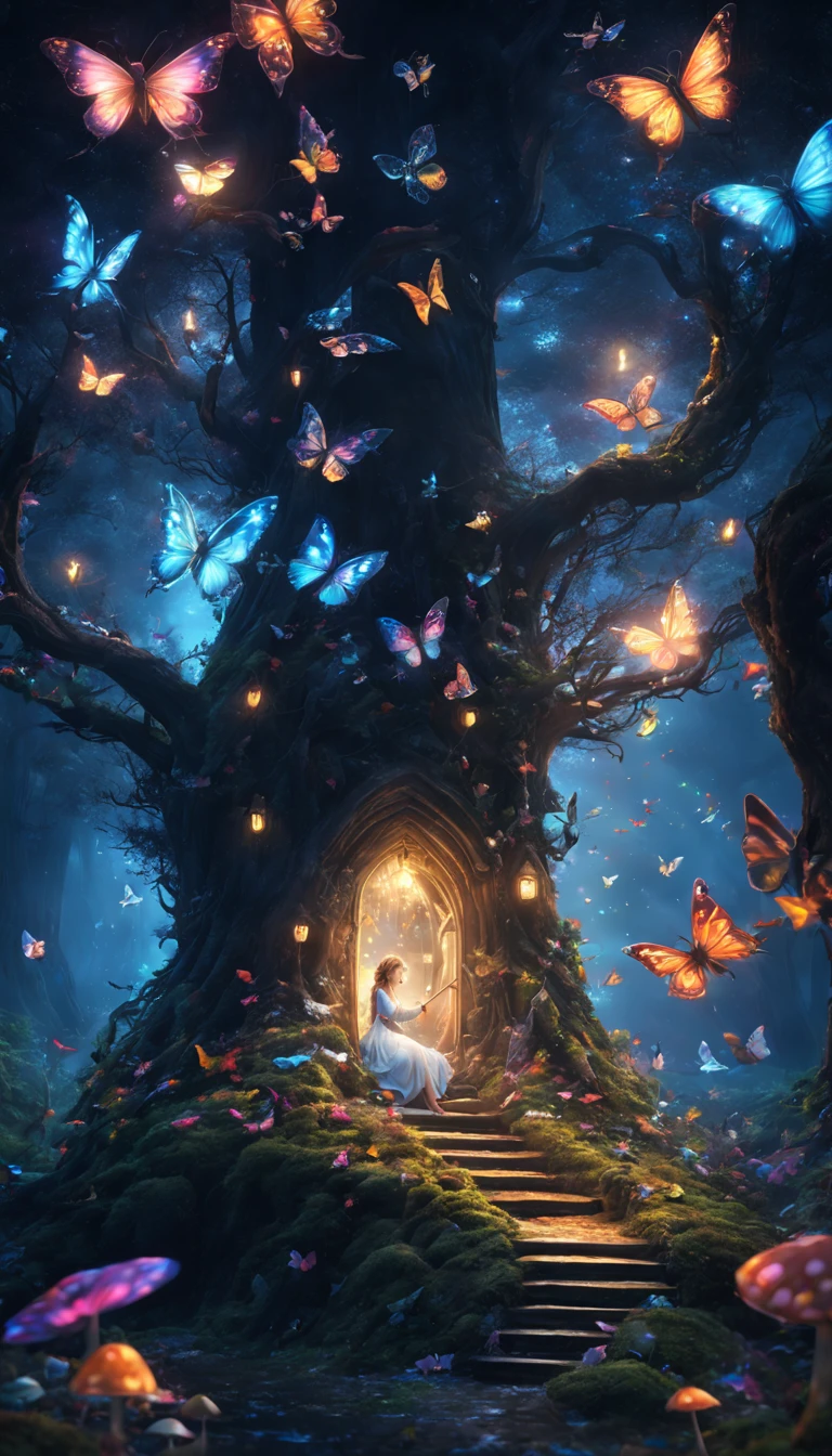 (fairy forest)、Atmospheric Oliva Lighting、kirakira,4K UHD、Great composition with great detail and vibrant colors、rendering octane、foco nítido、high-resolutionisometric,(magical lights),Magic Effects,(Glowing butterfly flock of butterflies),Luminous mushrooms,Magic lamp,huge pussy,A figure of a traveler wearing a black robe,forest at night,Medieval European style,strange shaped tree々,masterpiece,Angel Ladder,