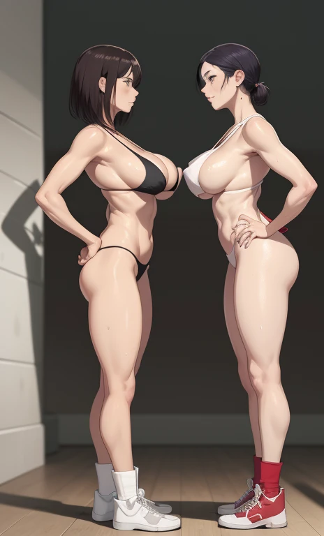 full body photographed、masterpiece、top-quality、hight resolution、A dark-haired、 Standing、weak、High leg cut monokini,sports bikinis、white sporty boots、distressed face、Sweaty skin、Professional wrestling venues、professional wrestling、((On the ring of professional wrestling:1.1))、Red face、Female, 45 years old,Mature Woman、(( Standing:1.2))、Two Women、Looking at each other、look at each other closely、Glaring at each other(shot from a side angle:1.1)、Fat、Big ass、Only one foreign woman、(Saggy breasts:1.2)、Height difference,(big erect nipples:1.3),topless