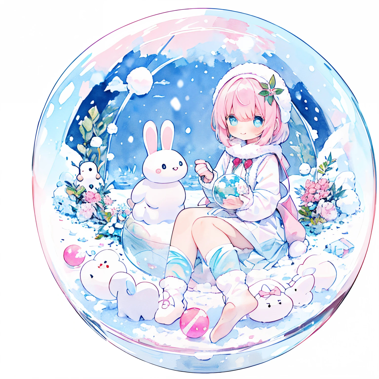 Transparent watercolor、girl with、Jewel Eyes,Beautiful arrangements and motifs、Originality、great depth of field,Rabbit girl、Yarn gloves、childish、Cute smile、Pink rabbit、Snow rabbit、Light blue rabbit、yuki、Winters、Inside the snow globe、In-snow dome、detaileds、hight resolution