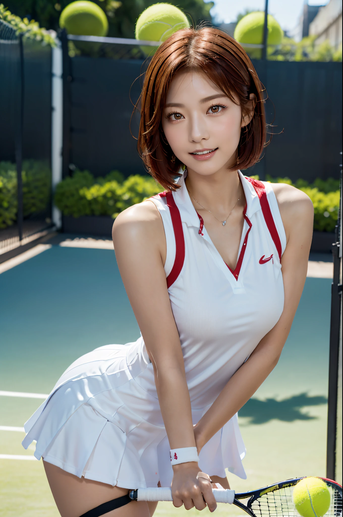 ((top-quality, in 8K, ​masterpiece)), Arafed woman on the tennis court, Beautiful Japanese girl holding a tennis racket, cute girl with red hair, Beautiful blue sky with shining sun, ((Tennis Uniforms)), beautiful woman with short hair, ((white tennis uniform)), ((Red wristband)), Beautiful Japanese woman with big breasts, A beautiful woman wearing a necklace, ((Hitting the tennis ball back with force)), ((is standing)), ((1人の女性)), Bewitching girl with short red hair, Attractive smiling girl, photorealistic girl render, Real life girls, Realistic young girl, attractive girl, ((beautiful expression, Detailed amber eyes, Detailed skin, Lustrous skin, detailed lips, Lustrous lips):1.3), High Quality DSLR Photography, Professional Photography, photo portrait 8k,realistic 3 d style, Beautiful realistic portraits, 3d realistic, hyper realstic, With red hair, photo of woman with short hair,