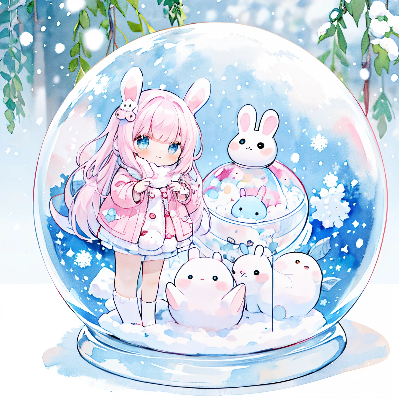 Transparent watercolor、girl with、Jewel Eyes,Beautiful arrangements and motifs、Originality、great depth of field,Rabbit girl、Yarn gloves、childish、Cute smile、Pink rabbit、Snow rabbit、Light blue rabbit、yuki、Winters、Inside the snow globe、In-snow dome、detaileds、hight resolution