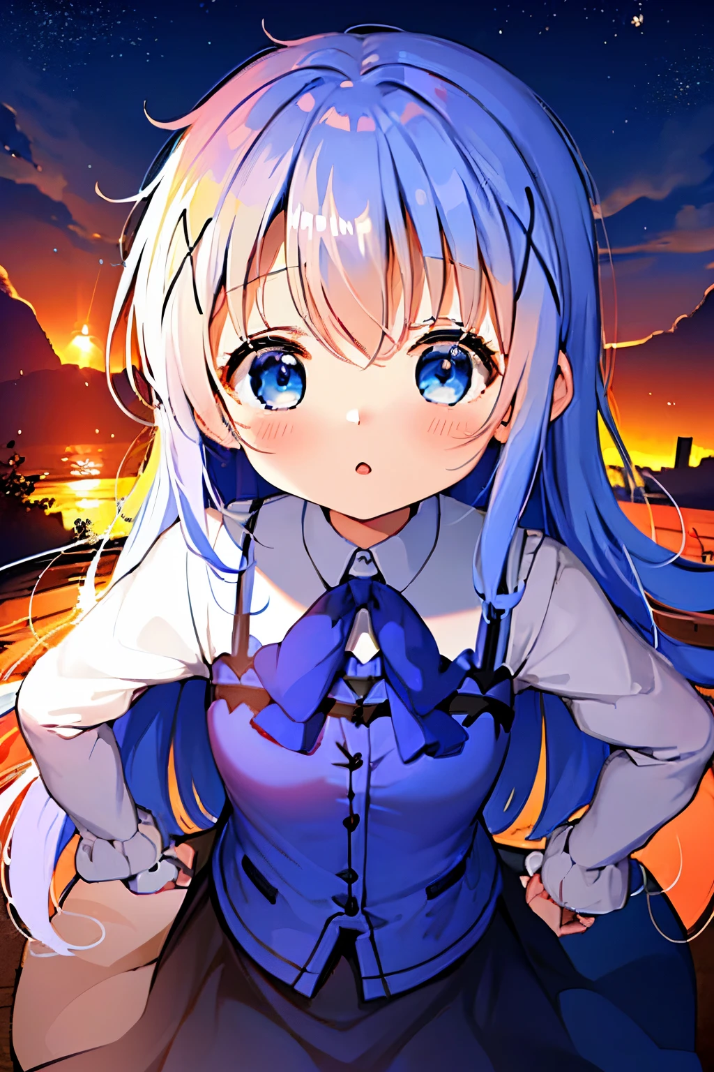 (((gochuumon wa usagi desu ka?))),(((Kafuu Chino))). long hair. Blue eyes.light Blue hair.(((masterpiece))).(((best quality))).)((ultra-detailed))).(((illustration))).(((put your hands on your hips))).(((night view))).short stature. white t-shirts. suspenders.skirt.look from above.big breasts