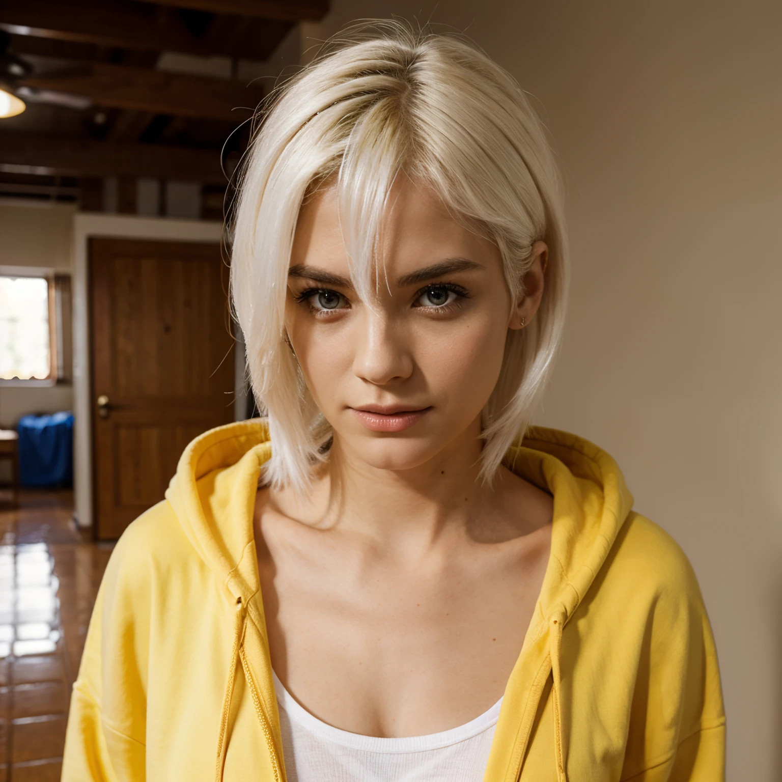 A woman with white hair and red eyes is wearing a yellow hoodie