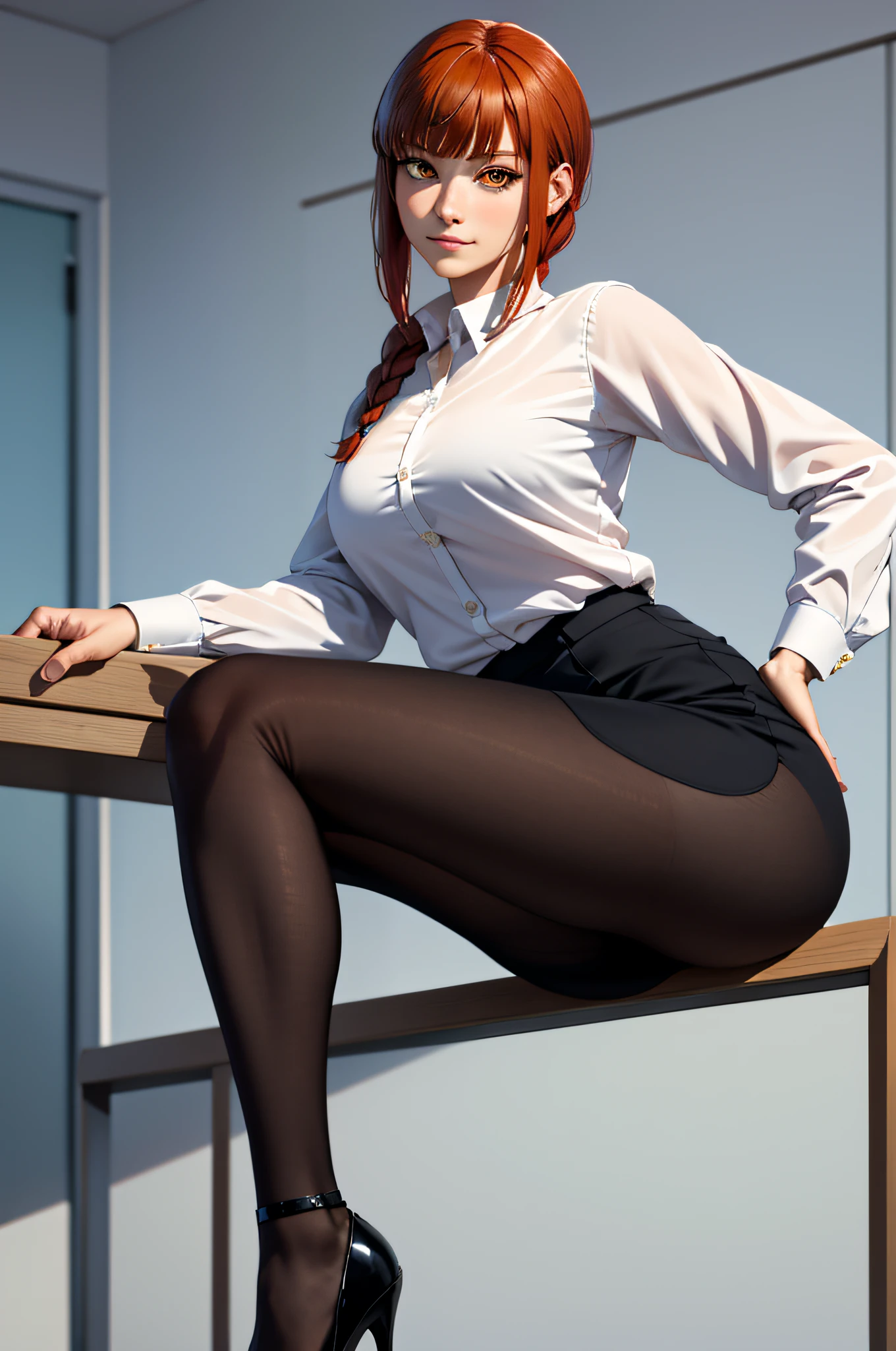 (masterpiece, best quality:1.2), solo, 1girl, makima, expressionless, closed mouth, looking at the viewer, red hair, braided ponytail, ringed eyes, Office Lady Uniform，Office Uniform，The face delicate，black pantyhose，high-heels，Hip up，a desk，(Qi bangs:1.05)，(cabelos preto e longos:1.01)，Full body photo，adolable，ssmile，slender long legs
