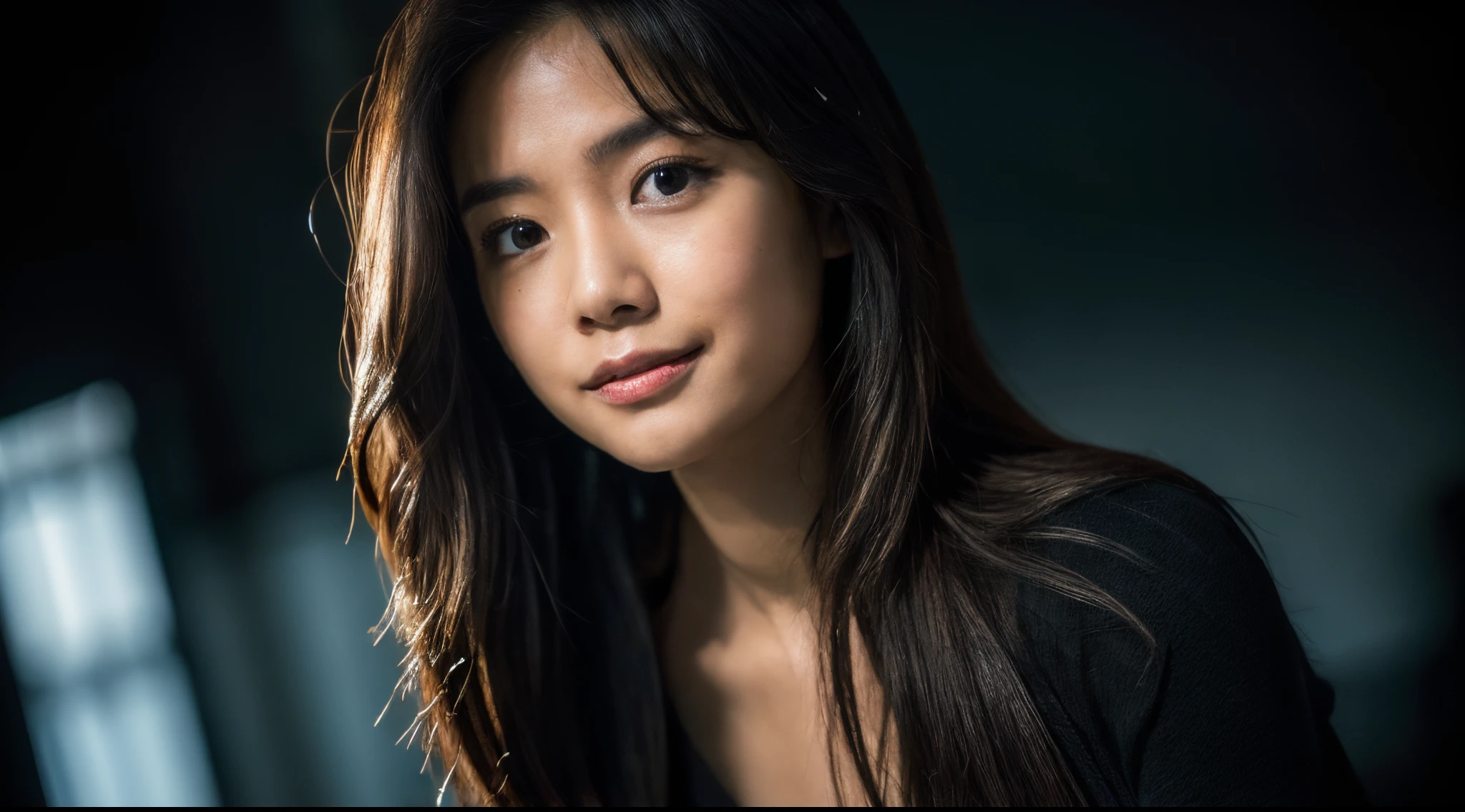 highest quality, epic realistic, ((in the pitch black darkness :1.4)), ((portrait:1.5)),(background: dark ) high contrast ,glorious picture, lowest lux, lighting face, she's comfortable, wearing nothing, , looks incredible, (8k, Raw photo, Highest quality),(epic realistic:1.5), a woman, face,(detailed eyes:0.8),(looking at the camera:1.4), (Highest quality), ( high contrast, deep shadows),Intricate details,cinematic,((skin:1.4)), (long dark hair:1.3), long hair, messy ,(Hdr:1.5),Detailed, colors, Superior quality, Masterpiece, Raw Photo (20-year-old, looking at viewer), beautiful, (wearing plain yellow shirt,), perfect, natural, perfect composition, portrait, perfect face, smiling expression, Captivating eyes, Bright details, Tight lips, (High Skin Detail),, (blue tint: 0.6), (sale: 0.8), (bloody: 0.7), Key lighting , (backlight: 0.5), Medium depth of field, Canon 5d, 50mm lens, f/4 apertures, (Ultra-detailed, Complex detail), sharp focus, soft colors, 8k, Absurd, 80mm, dark background, photography, smiling, pinay, filipina, medium boobs,