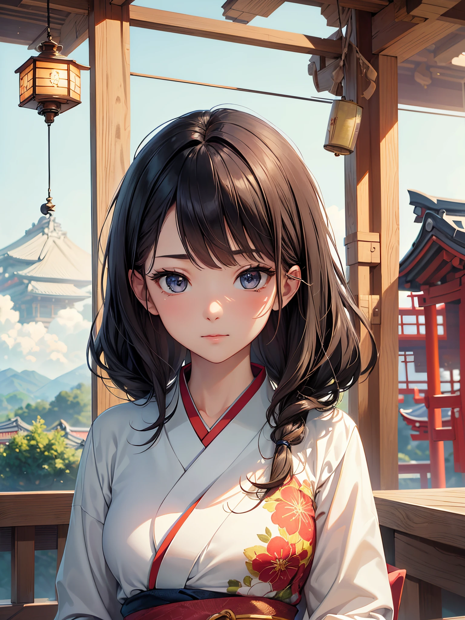 ((Finest quality)),(超A high resolution),(ultra-detailliert),(Meticulous portrayal),((Best Anime)),(Finest works of art),(Ultra-Precision Art),(The art of astounding depiction,Overwhelming depiction:1.5),(Complex and detailed Japanese art:1.6), (女性1人:1.5),(Very neat and beautiful face:1.6),A slight smil,Yukata:1.6, Summer sky,wind chime,morning glory,curtain,Old electric fan,