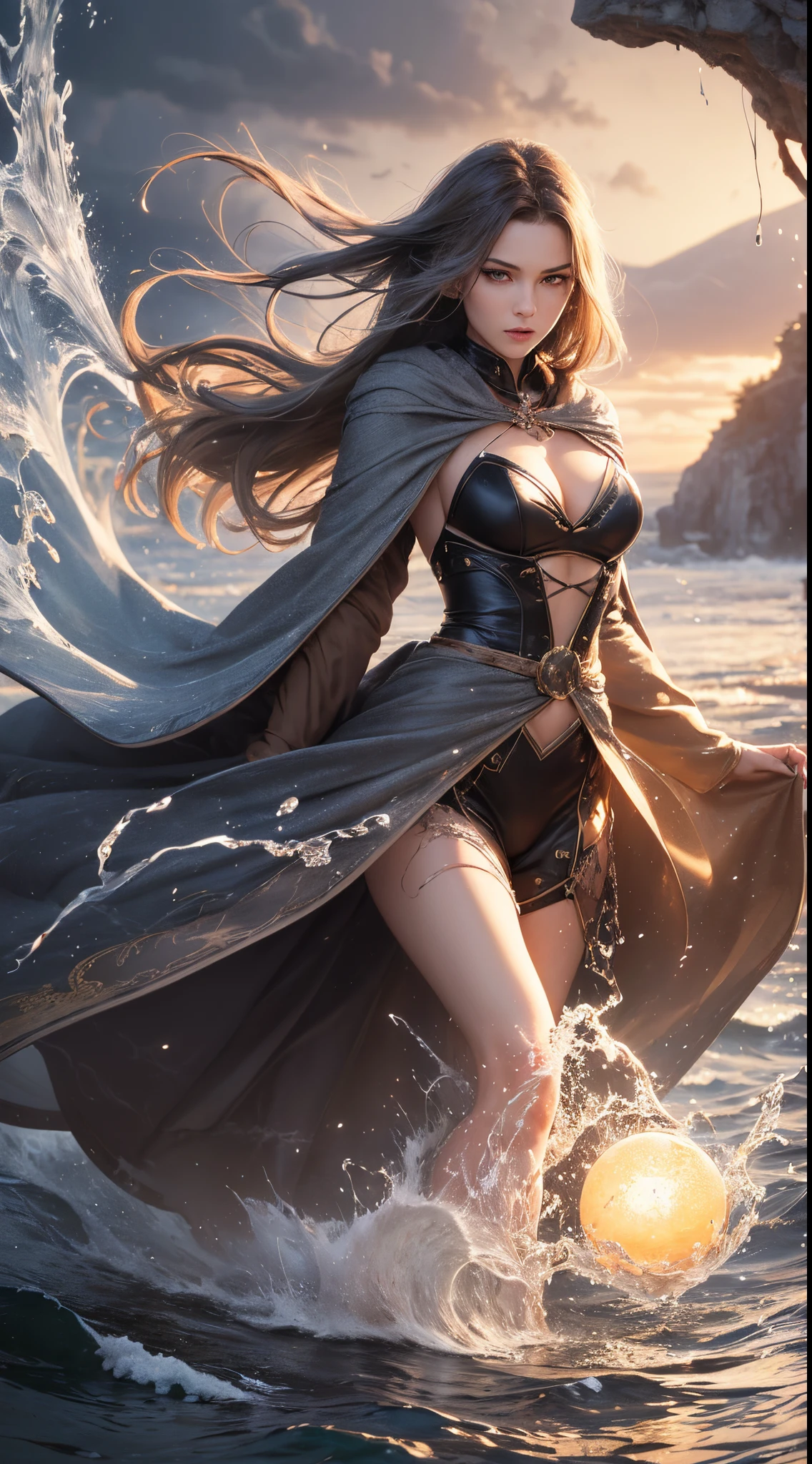 (Skindentation:1.5), Realistic, Photorealistic, (masutepiece:1.5), Concept art, Intricate details, Highly detailed, Photorealistic, Octane Render, 8K, Unreal Engine, Dynamic Pose, Best Quality, hight resolution, (Realistic face:1.1), (hyper realisitic:1.1), ((full_Body)), Perfect eyes,(Shiny skin:1.2), (((Hairstyle))), (((Perfect hand highly detailed background), Haunted Island, ((dynamic background)), ((Lightning)), (llight rays), (1girl in), wearing cloak, (((flowing cloak))), ((Detailed eyes, high quality eyes, face with high quality)), Long hair, (((Flowing hairstyle))), 1girl in ((controlling water)), (((whirlwind of water))), ocean, Tsunami, Magic, (creates a dramatic, depth of fields, Bokeh, 4K, Gothic, ((Sateen)), energy ball between hands
