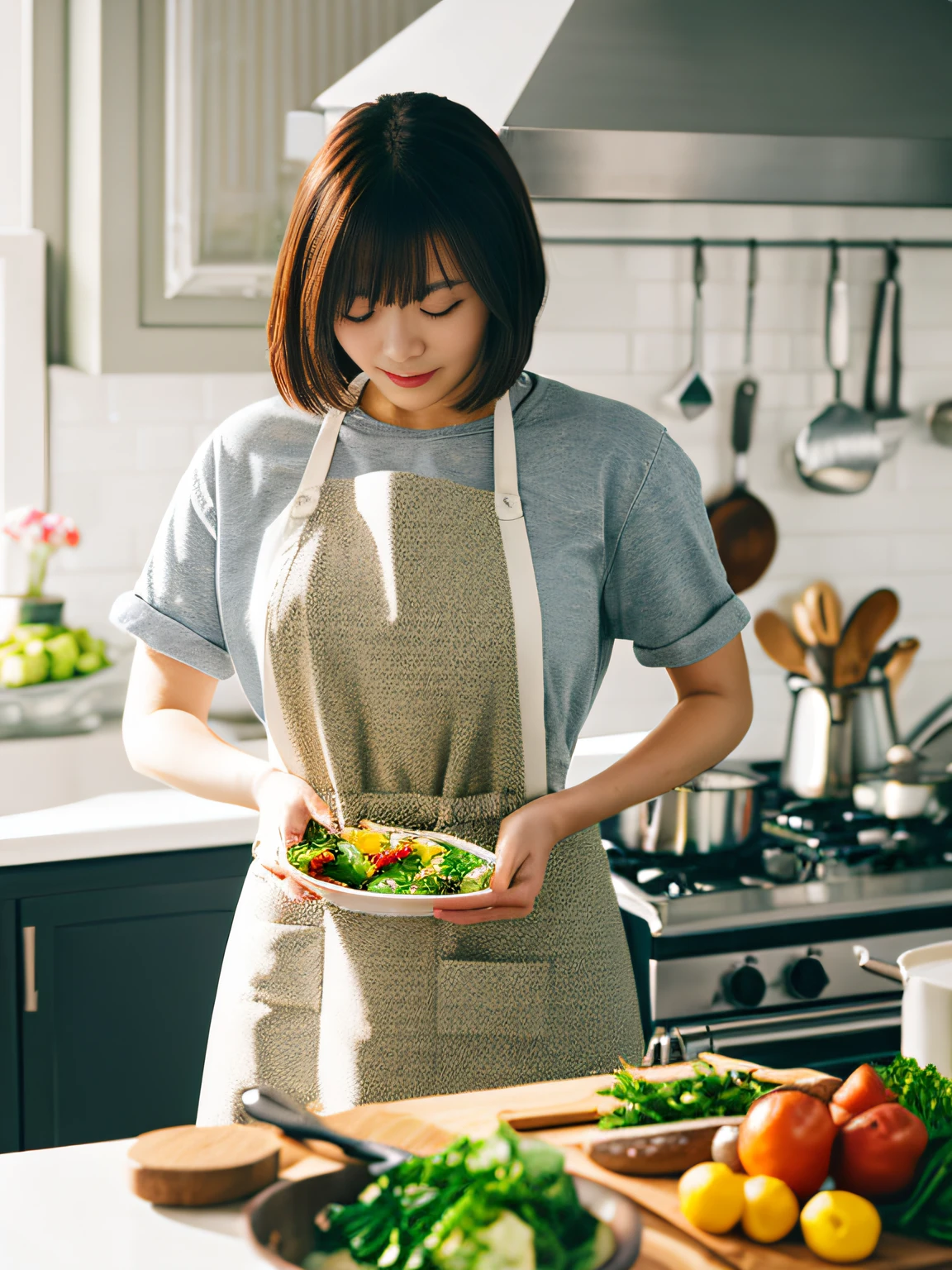a woman cooking in the kitchen, beautiful, apron, casual outfit, modern kitchen, highly detailed, dynamic lighting, depth of field, sharp focus