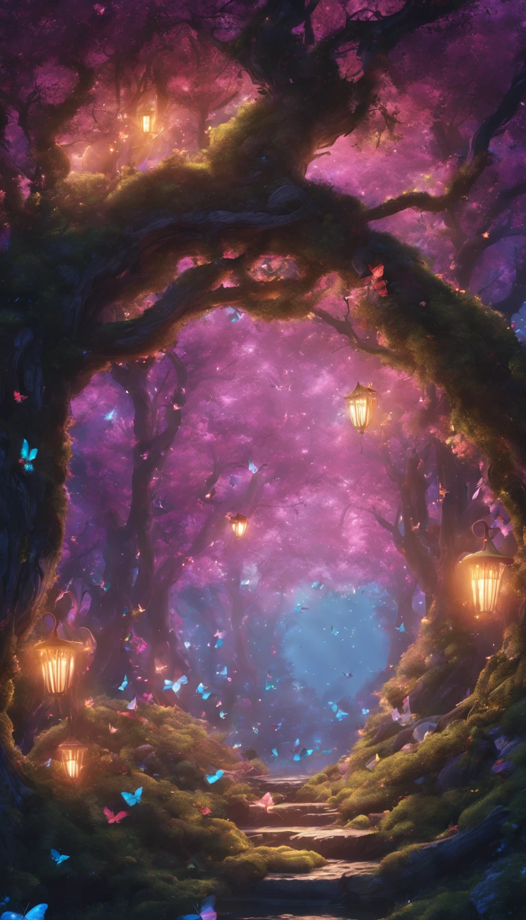 (fairy forest)、Atmospheric Oliva Lighting、kirakira,4K UHD、Great composition with great detail and vibrant colors、rendering octane、foco nítido、high-resolutionisometric,(magical lights),Magic Effects,(Glowing butterfly flock of butterflies),Luminous mushrooms,Magic lamp,huge pussy,A figure of a traveler wearing a black robe,forest at night,Medieval European style,strange shaped tree々,masterpiece,Angel Ladder,