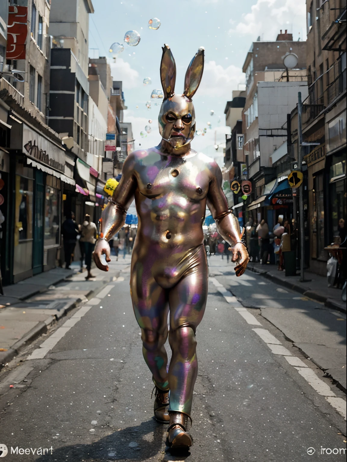 As he hops down the street, children stare in awe at the rabbit man wearing a strange costume made of bubbles. The bubbles seem to shimmer and change color as he moves, creating a mesmerizing effect. As he makes his way through the city, people can't help but wonder where he came from and what his story is. Does he have some kind of magical power that allows him to create the bubbles, or is he just an eccentric performer looking to entertain the masses? What adventures await him in his bubbly costume, and how will he use his unique abilities to overcome any obstacles that come his way? The answers to these questions and more lie in the mysterious world of the rabbit man in his strange bubble costume