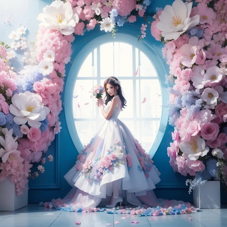 A model girl in a Gorgeous salon with a huge white dress with white and pink and blue petals all over it, flowers wall and window,lilith, diablo,upper body,zoom out,arafed woman in a white dress standing in front of a blue wall with flowers, girl in flowers, lady with glowing flowers dress, woman in flowers, the girl made out of flowers, fine art fashion photography, flower dress, fashion photography, queen of flowers, blue and pink colors, floral couture, fashion photograhy, floral painted backdrop
