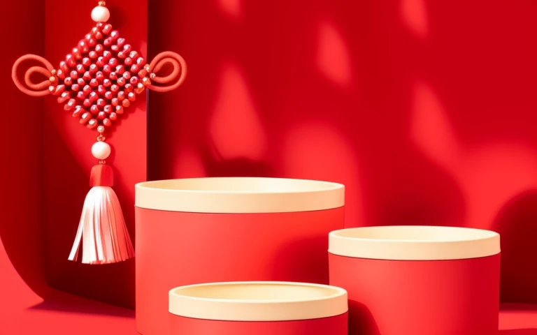 There are three containers,There are tassels on it, Chinese, red theme, red adornments, red and golden color details, red theme, japanese collection product, products shot, red adornments, on a red background, red and white color theme, bright red hue, Product rendering, Red details, red mood in background