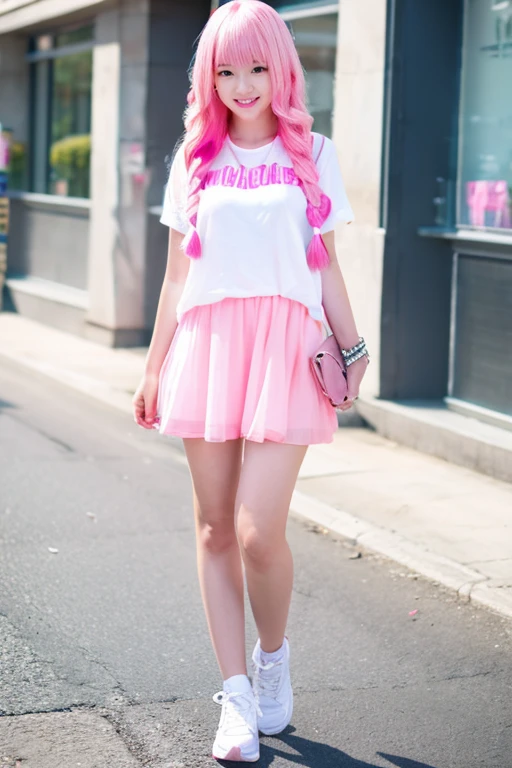 gamer girl, vibrant pink hair, white fringe, full body