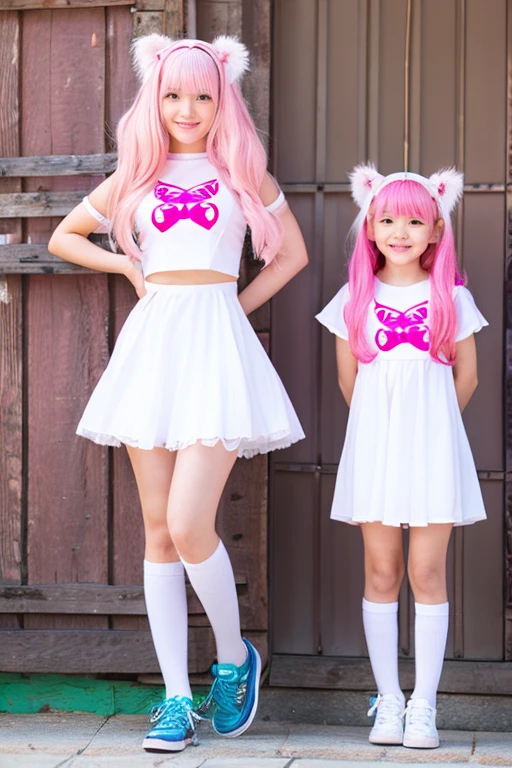 gamer girl, vibrant pink hair, white fringe, full body