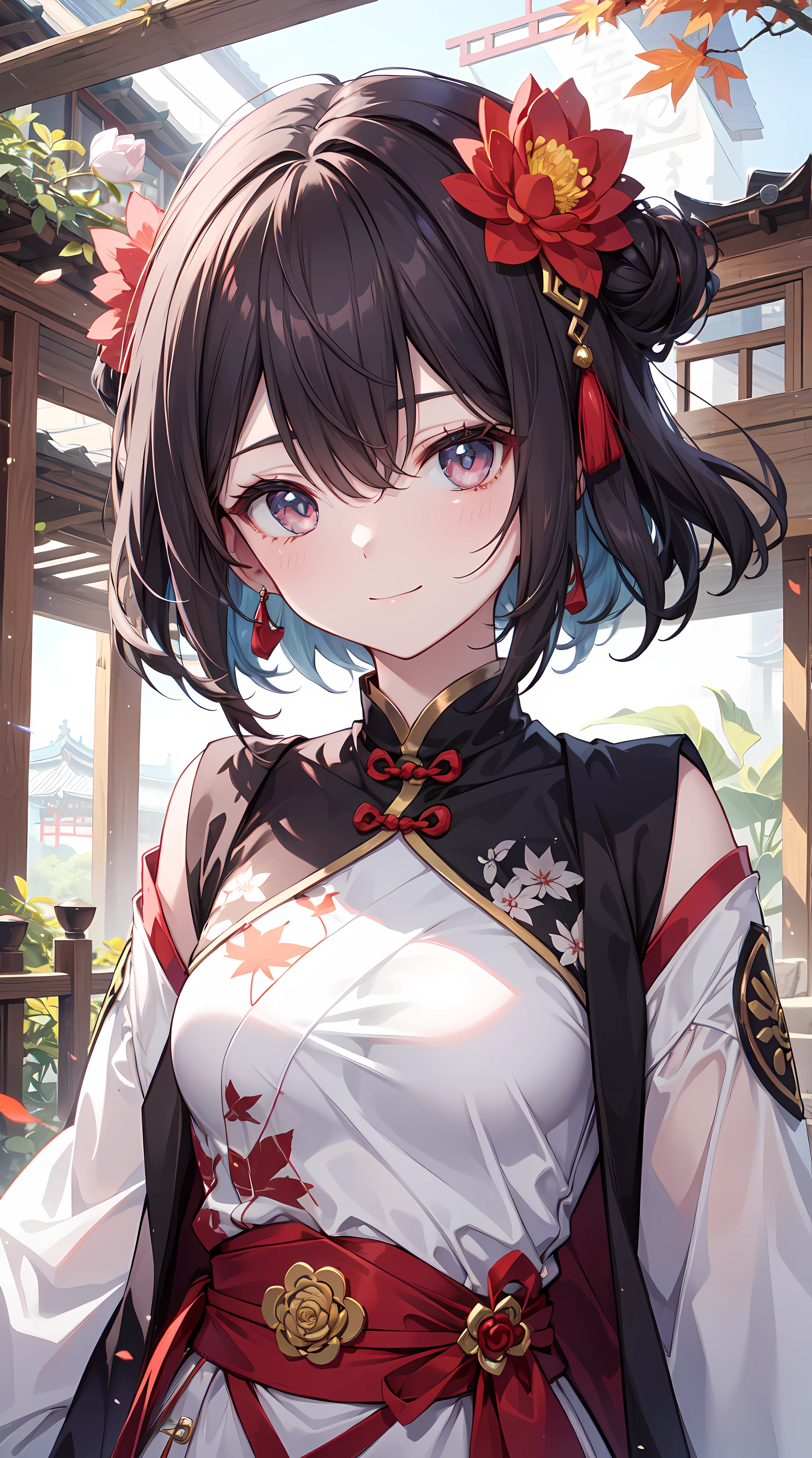 Best quality, tmasterpiece, 超高分辨率, (actual: 1.4), Xiuxian, Smiling, the shy, navel, Delicatemakeup, flashy jewels, Horse face dress, detailface,, 1 girl, white  clothes, Lotus print, Maple leaf print, Alone, arma, (Magic Array: 1.2), Xiuxian, upper part of body, beuaty girl, Half a body, east asian architecture, Scabbarded, build,