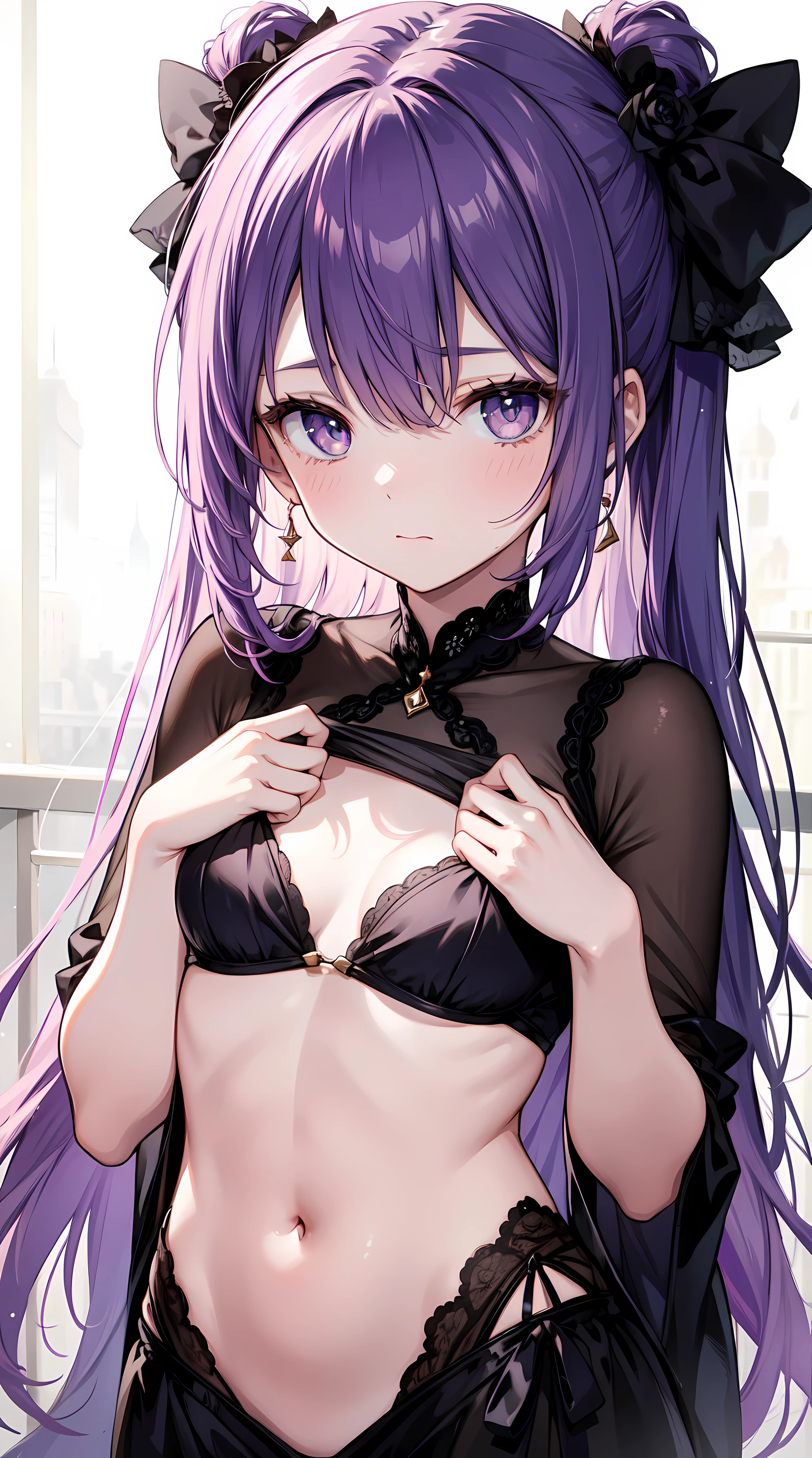 A beautiful young girl,, attractive beautiful, extraordinary sexy, gentle expressions, A flawless one、Cute face, Shy demeanor, clear and big eyes, Gorgeous purple hair, pink student, Small under breasts, sexy stomach, (Best quality at best, ultra - detailed), (actual), Blackn clothes(random costume), Vibrant colors, gentlesoftlighting,professional photoshooting,Petite and delicate