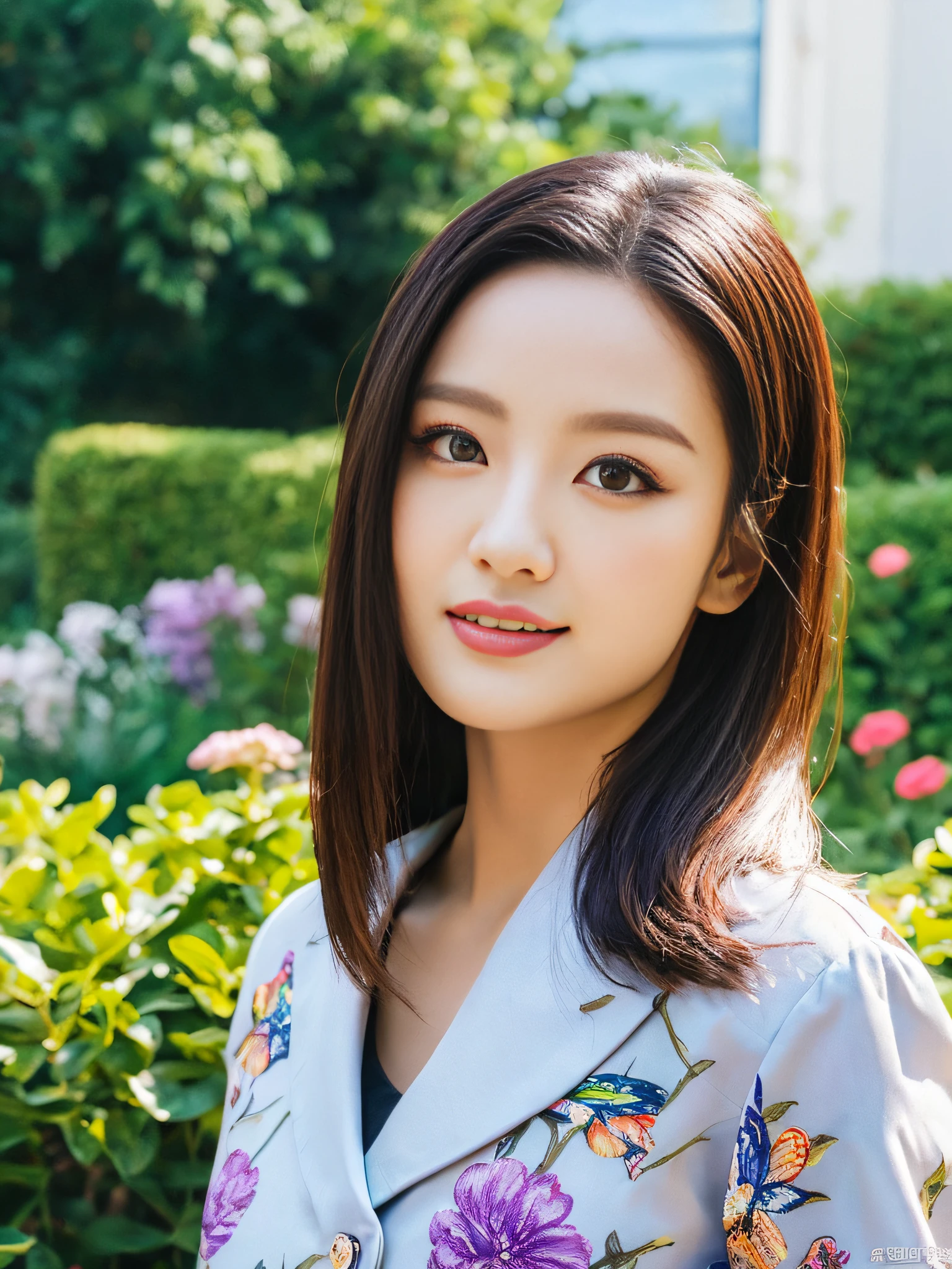 Ultra-realistic 8k CG,masterpiece,((ultra-detailed background, delicate pattern, intricate details)),best quality,very detailed face,extremely detailed eyes and face,extremely detailed eyes,kochou shinobu,multicolored hair,no bangs,hair intakes,purple eyes,forehead,black shirt,black pants,haori,butterfly,buttons,belt,(Garden:1.2),purple flower,chibi,cloudy sky,sunlight,Tindal effect,gradient_sky,face,Gorgeous sky,Waist Sabre,Charming posture,