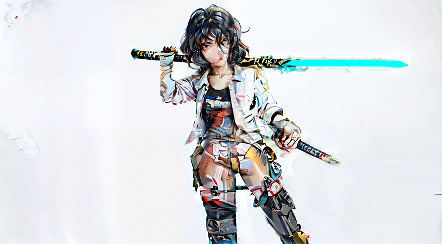 Anime girl holding a baseball bat in her hand, she holds a sword, unsheathing her katana, Ghost in the Shell style, she holds a sword, Gainax anime style, cel - shaded art style, katanas strapped to her back, She has a long cane, Female protagonist 👀 :8, unknown artstyle,Leotard,Cyber city far away,blue neon sword,
