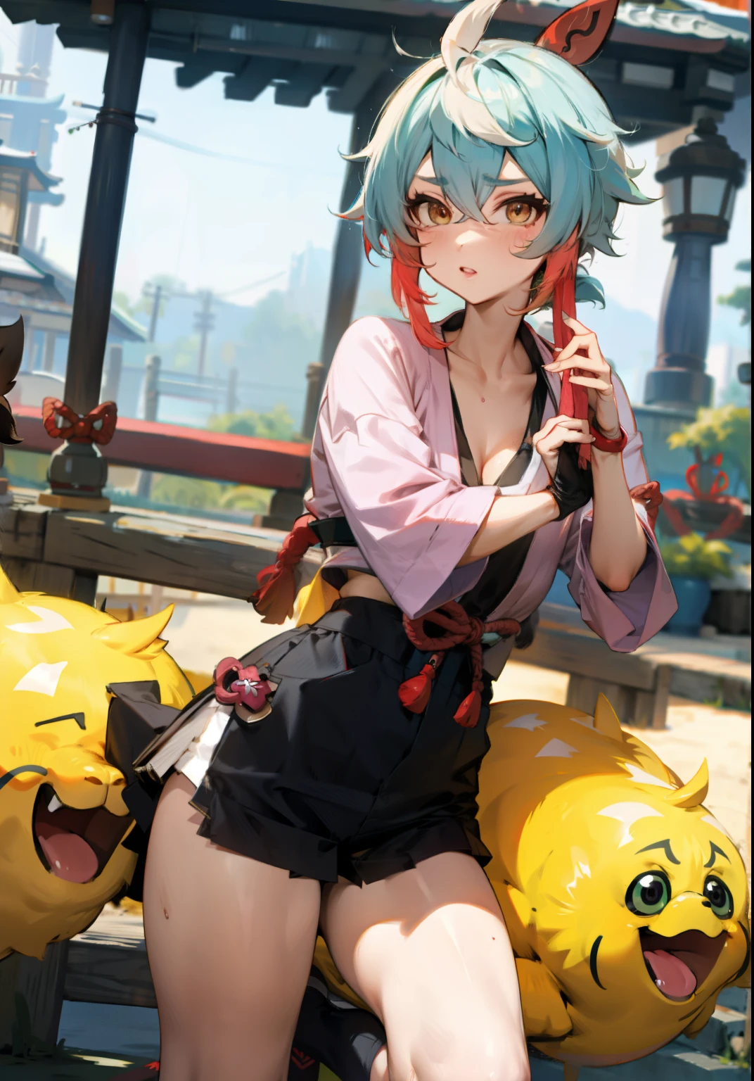 Shinobu Kuki half-squats on the side of the village road, cartoon style, firm expression, manga style, super high quality
