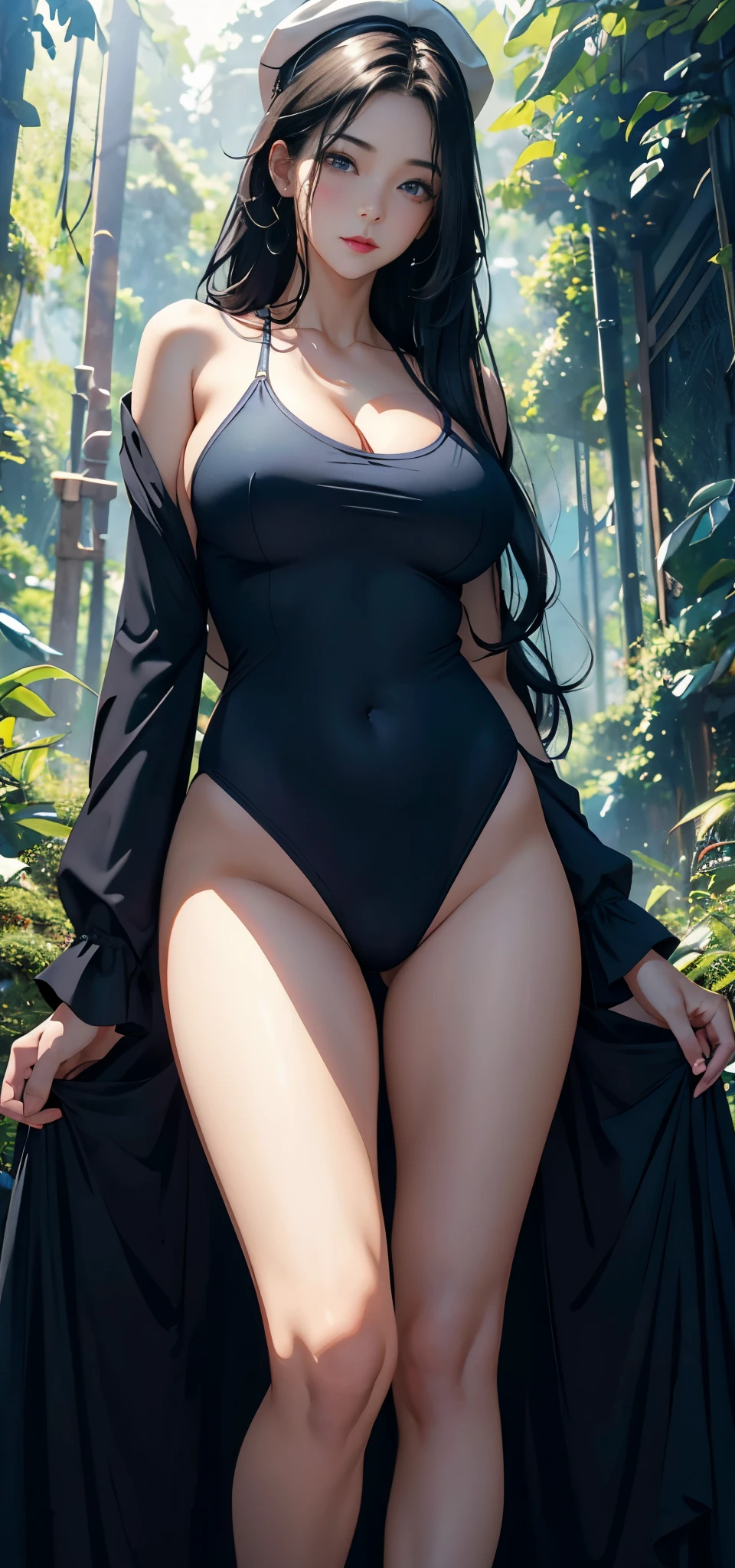 1female,45 yers old,Married woman,legs long, a slender waist, photo exposure, 独奏,(Background with:at a forest,the rainforest,Ground area water) She has long black hair,Stand deep in the forest,seen from the front, curlies, sky with many clouds,(((tmasterpiece),(Very detailed CG unified 8k wallpaper),Best quality,电影灯光,detailed back ground,beautiful pupil,(very delicate beautiful),(Beautiful and detailed eyes description),ultra - detailed,tmasterpiece,))Redlip,Snow-white skin,a little bit chubby,pubic hair very large,facing at the camera,A high resolution,ultra - detailed),the street,Very huge,, convex,Camel toes,The cleavage protrudes,sailors(dressed in:Sailor's cap,Blue swimsuit),