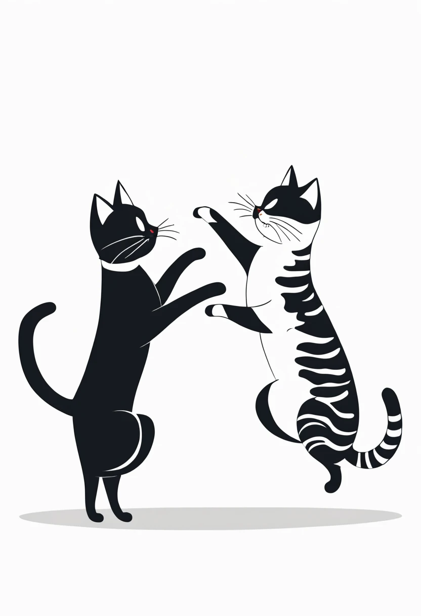 Two black and white spotted cats playing，funny funny cute funny，Stick figure style