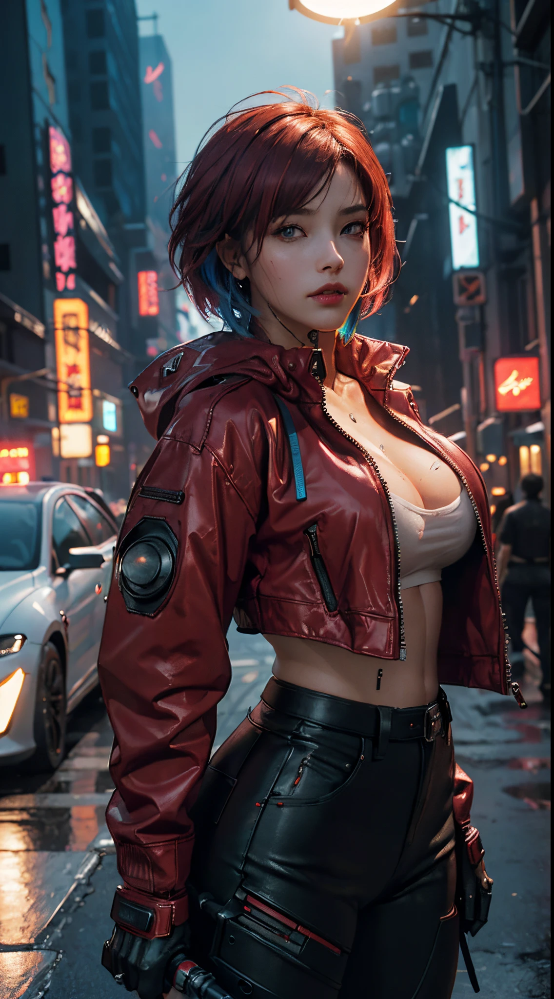 Masterpiece, Handsome bounty hunter, 1 Mechanical Girl, (ultra realistic details), (Cyberpunk city on a night background, ciberpunk (((Red Outfit, Cyberpunk Long Jacket))), Strong muscular body, short (((multi-colored hair, undercut))), (((Mechanical Limbs))), cyberpunk aesthetics, (skin texture:1.1), Best Quality, extra high resolution, (Photorealistic: 1.4), RAW photo, Ellen von Unwerth, back light, Rimlighting, studio lightning, (Huge-breasts), (sexy clothes), ((sexypose, sexually dressed)), 8K, (skin texture:1.1), (Sweaty Body 1.1), (Skin Shine 1.1), (highly detail face:1.1), High detail of the body, very detailed clothes), (Realistic Ultra High Definition, 8K, extra high resolution, Film grain, Cinematic lighting, rim lighting, photo by Arnie Freytag