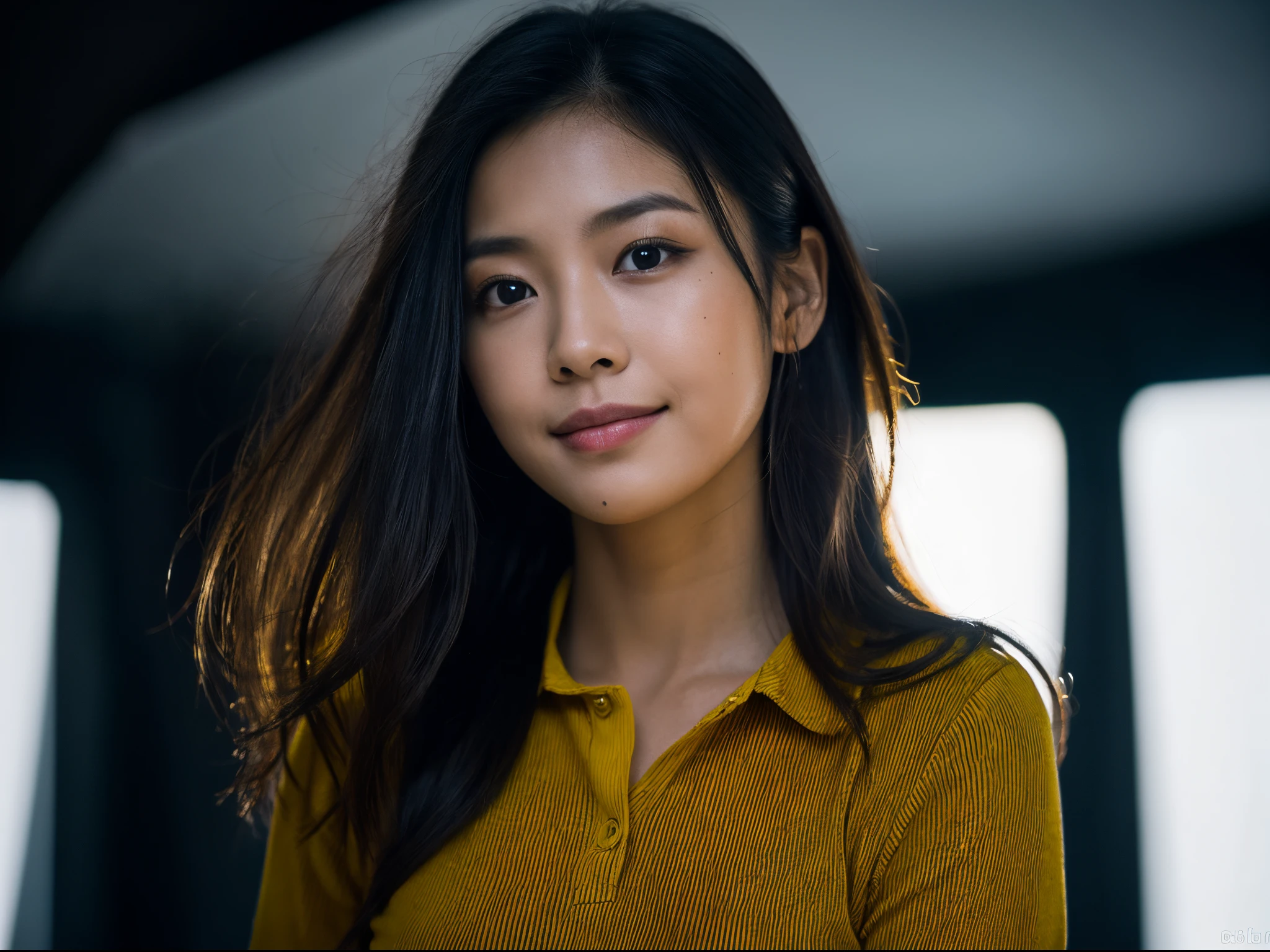 highest quality, epic realistic, ((in the pitch black darkness :1.4)), ((portrait:1.5)),(background: dark ) high contrast ,glorious picture, lowest lux, lighting face, she's comfortable, wearing nothing,  , looks incredible, (8k, Raw photo, Highest quality),(epic realistic:1.5), a woman, face,(detailed eyes:0.8),(looking at the camera:1.4), (Highest quality), ( high contrast, deep shadows),Intricate details,cinematic,((skin:1.4)), (long dark hair:1.3), long hair, messy ,(Hdr:1.5),Detailed, colors, Superior quality, Masterpiece, Raw Photo (20-year-old, looking at viewer), beautiful, (wearing plain yellow shirt,), perfect, natural, perfect composition, portrait, perfect face, smiling expression, Captivating eyes, Bright details, Tight lips, (High Skin Detail),, (blue tint: 0.6), (sale: 0.8), (bloody: 0.7), Key lighting , (backlight: 0.5), Medium depth of field, Canon 5d, 50mm lens, f/4 apertures, (Ultra-detailed, Complex detail), sharp focus, soft colors, 8k, Absurd, 80mm, dark background, photography, smiling, pinay, filipina, medium boobs,